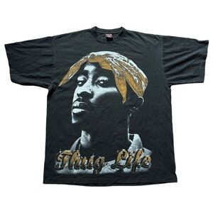 Tupac Shakur Mens Vintage 90s Thug Life Graphic Tee 2XL Black Gold Cotton Shirt